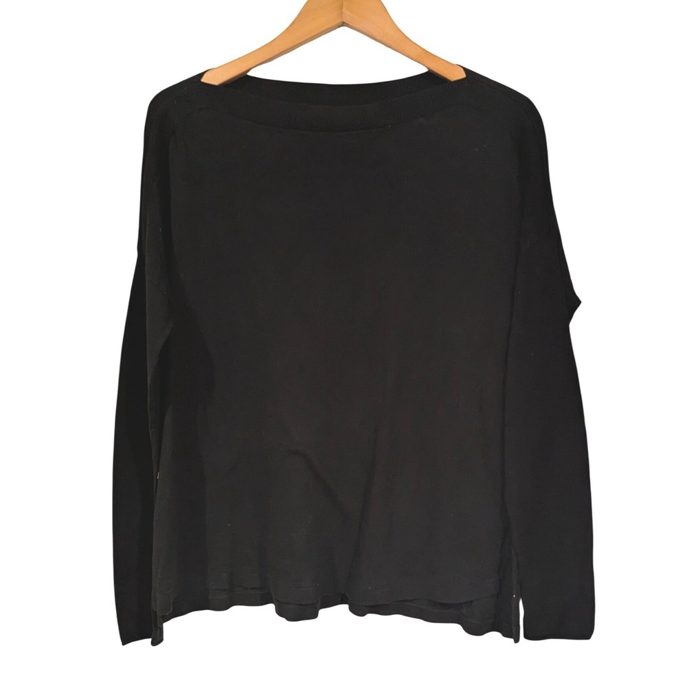Vince Sweater Small Black Boat Neck Side Slit Relaxed Knit Pullover Minimalist